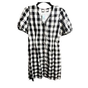 LOFT NWT Gingham Checkered Button V-Neck‎ Puff Sleeve Dress Size 8 Petite